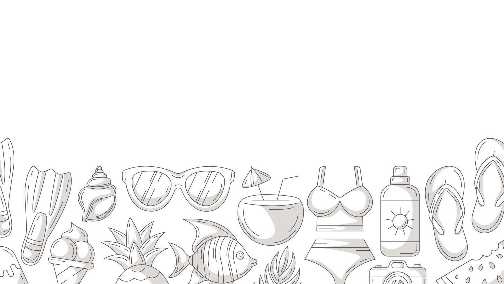 Summer minimalist horizontal banner with beach accessories, gray monochrome icons. Bottom border of frame, copy space, isolated on white. For poster, flyer, card, invitation, social media, cover vector