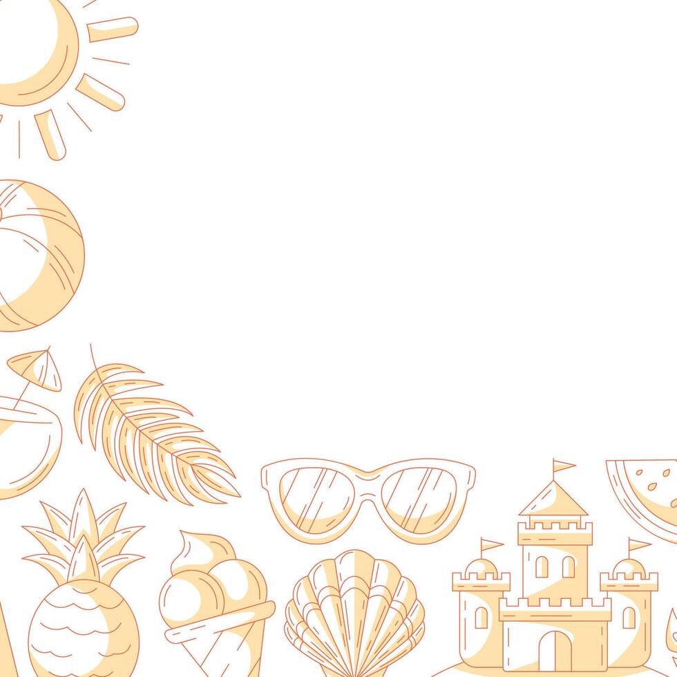 Summer minimalist square card, monochrome orange beach accessories icons. Corner border frame, space for text, isolated on white. For poster, flyer, banner, invitation, social media, party or sale vector