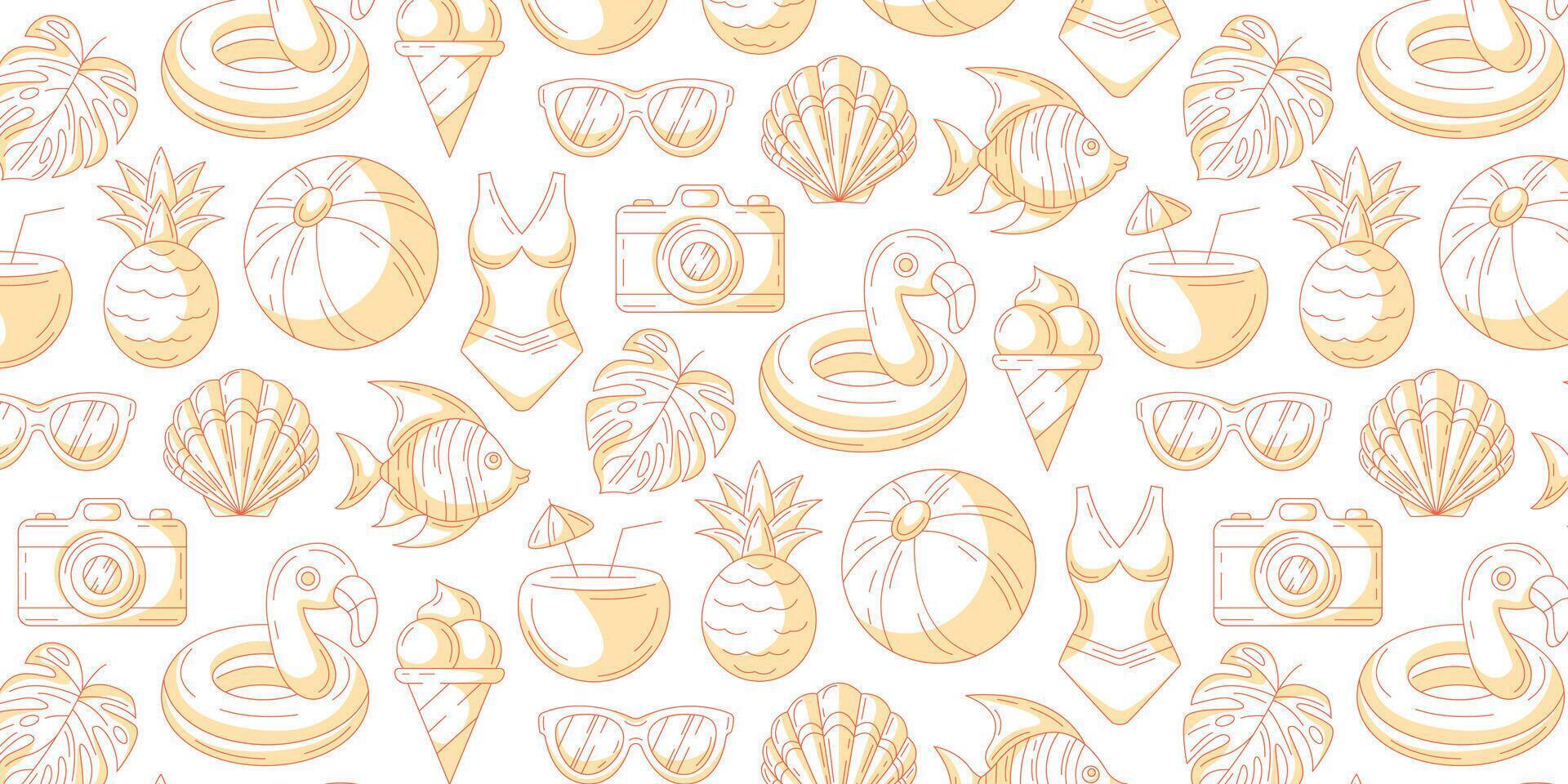 Monochrome orange summer seamless pattern with beach elements. Swimsuit, pineapple, tropical leaves, seashell, sunglasses, fish, flamingo, coconut cocktail. For cover, wrapping paper, textile print vector