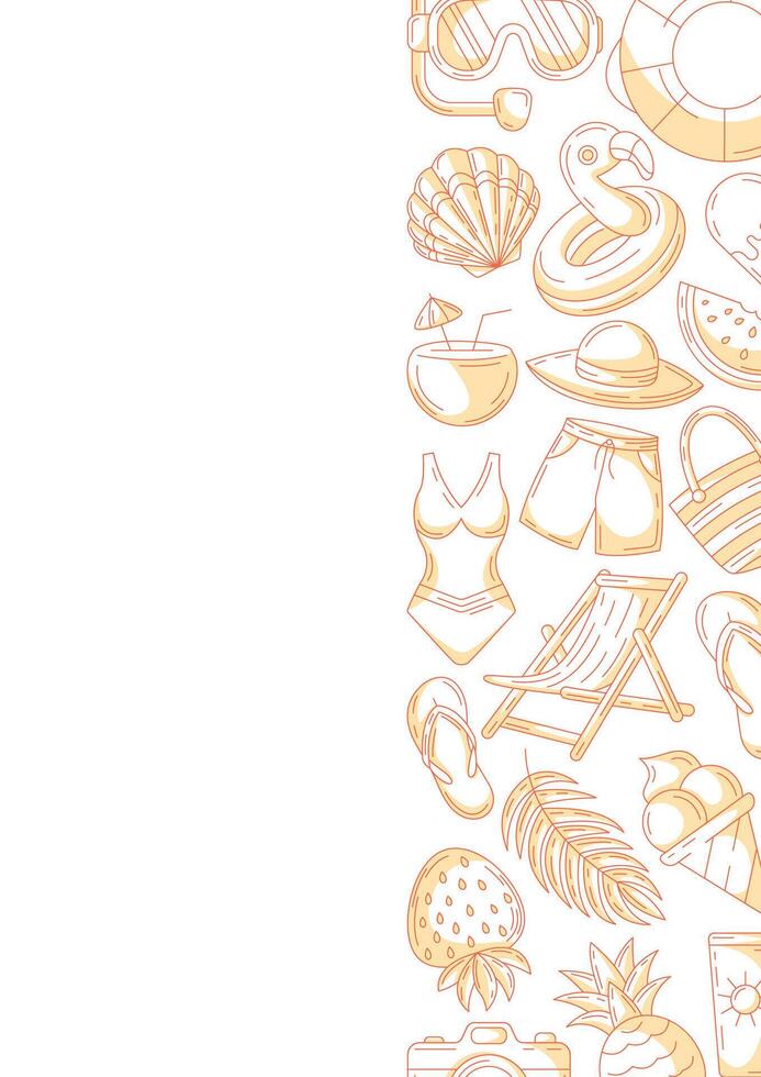 Summer minimalist vertical a4 poster, monochrome orange beach elements, accessories icons. Right side border frame, copy space, isolated on white. For card, banner, invitation, social media, planner vector