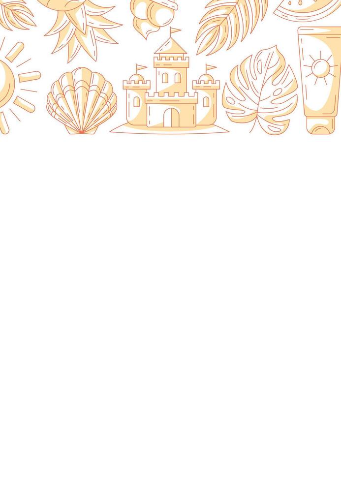 Summer vertical a4 poster, minimalist monochrome orange beach elements, accessories icons. Upper border frame, copy space, isolated on white. For card, flyer, banner, invitation, social media, planner vector