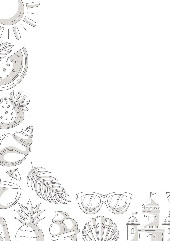 Summer minimalist vertical a4 poster, monochrome gray beach elements, accessories icons. Corner border frame, space for text, isolated on white. For card, banner, invitation, social media, planner vector