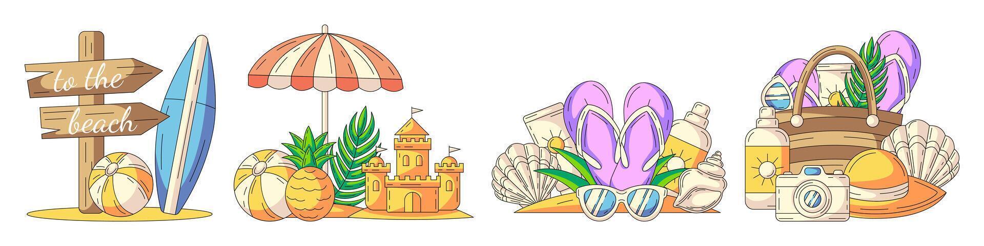 Set of summer beach illustrations, composition from seasonal elements and accessories for summertime rest. Surfboard, palm tree, sand castle, bag with sunscreen, flip flops, camera, pineapple vector