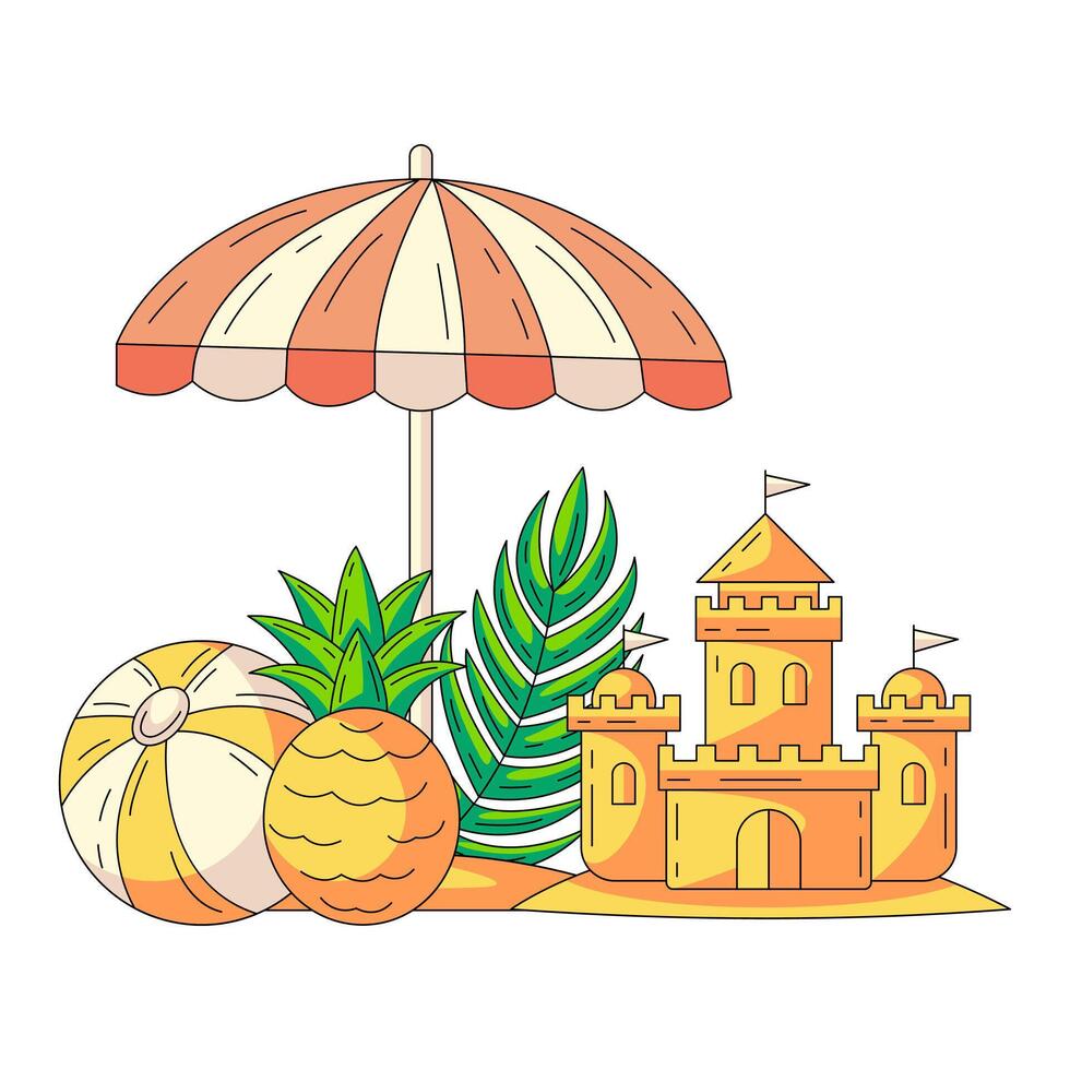 Composition with summer beach elements and accessories under an umbrella. Inflatable ball, pineapple, sand castle, tropical leaf. Flat illustration for sticker, scrapbook, social media vector