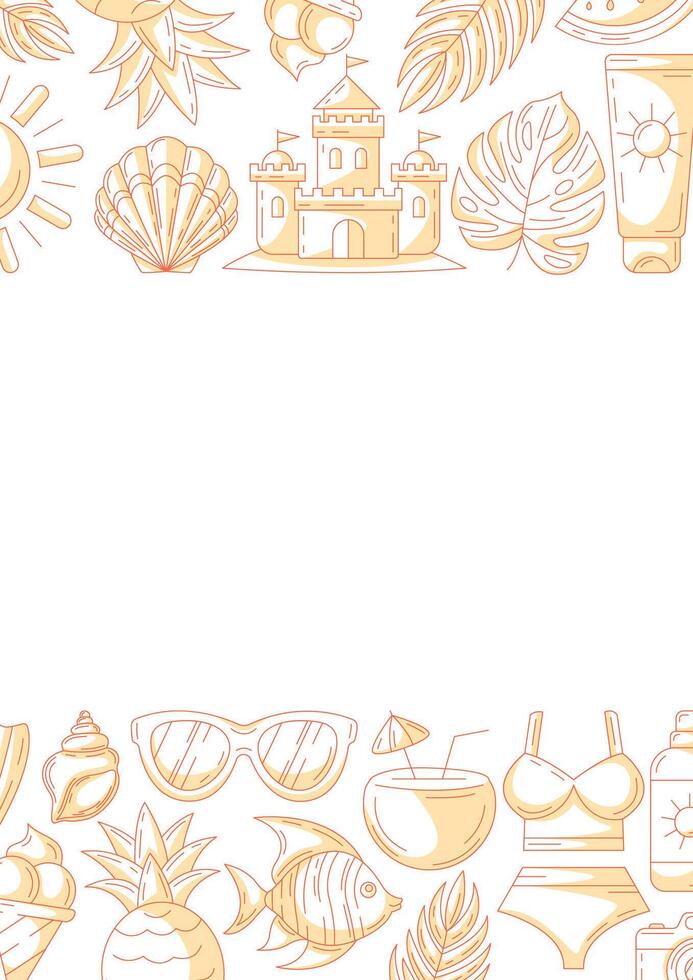 Summer minimalist vertical a4 poster, monochrome orange beach elements, accessories icons. Upper and bottom border frame, space for text, isolated on white. For card, banner, invitation, social media vector