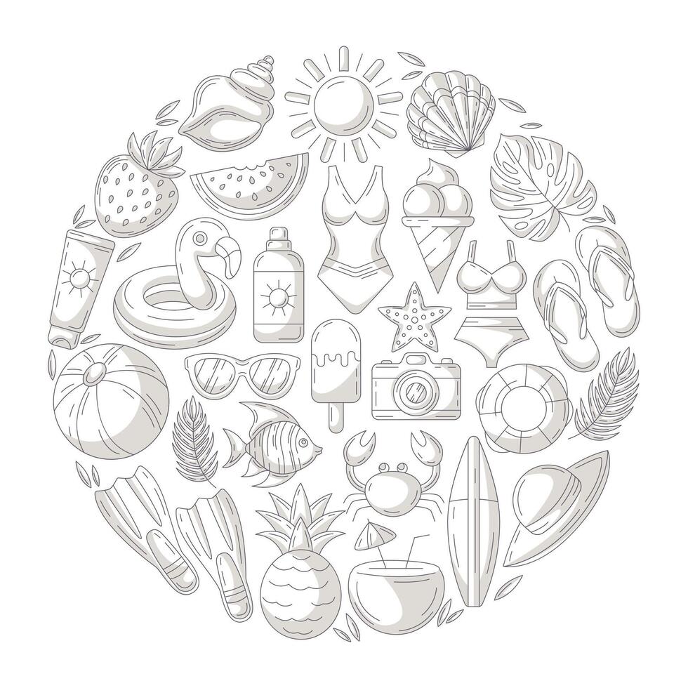 Summer beach elements in round shape. Square card, minimalist monochrome gray beach accessories icons isolated on white. For poster, flyer, banner, invitation, social media, party or event vector