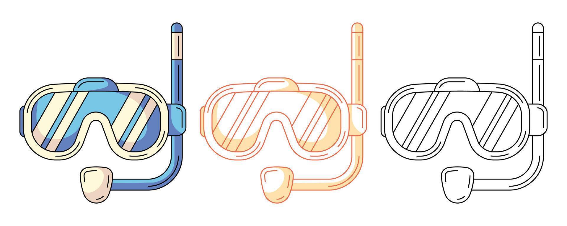 Snorkeling or diving mask, colorful and line icons set. Scuba diving equipment, underwater concept. Outline icon, monochrome and color illustration. For logo, sticker, coloring book, label vector