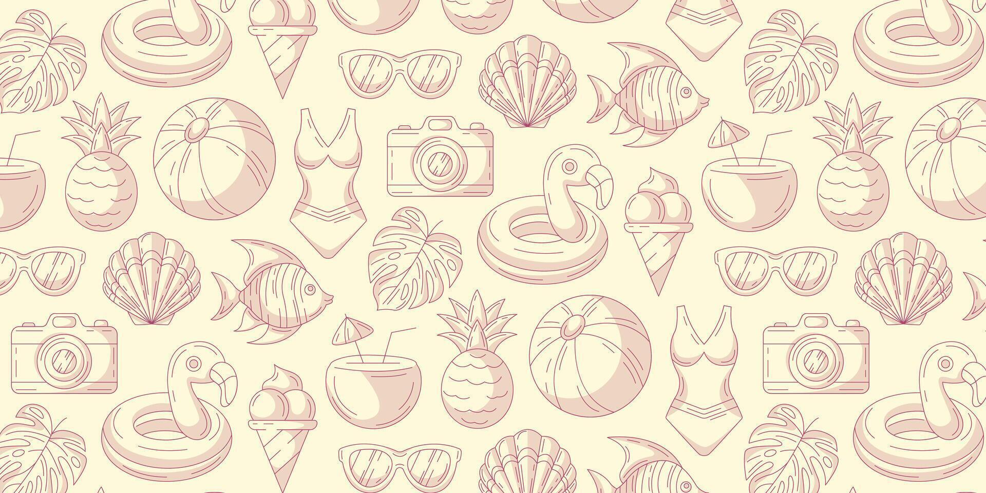 Minimalist monochrome summer seamless pattern, beach elements, isolated background. Swimsuit, pineapple, seashell, glasses, fish, flamingo, coconut cocktail. For cover, wrapping paper, textile print vector