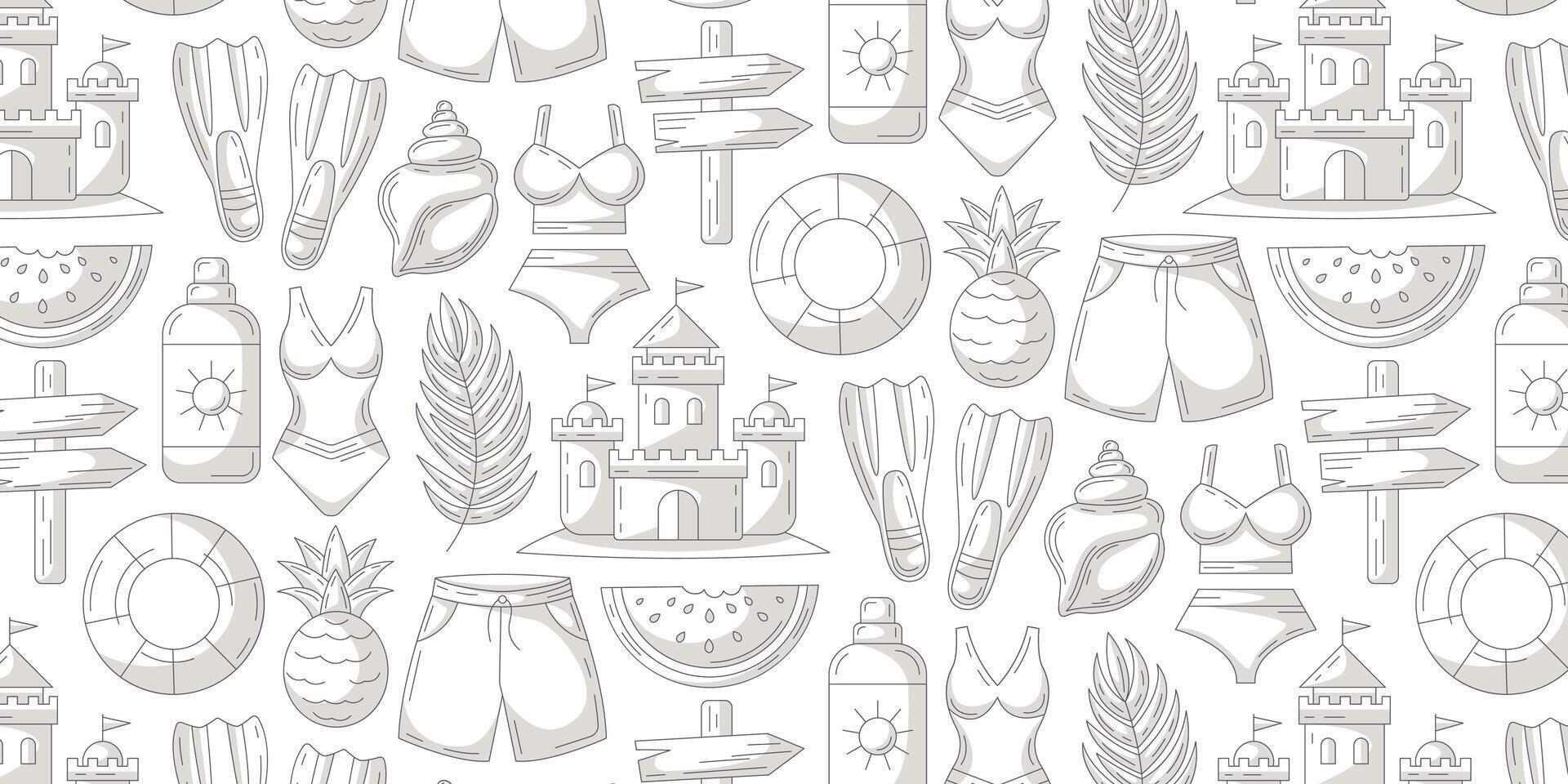 Minimalist monochrome gray summer seamless pattern, beach elements. Swimsuit, sand castle, pineapple and watermelon, sunscreen, seashell, flippers, lifebuoy. For cover, wrapping paper, textile print vector