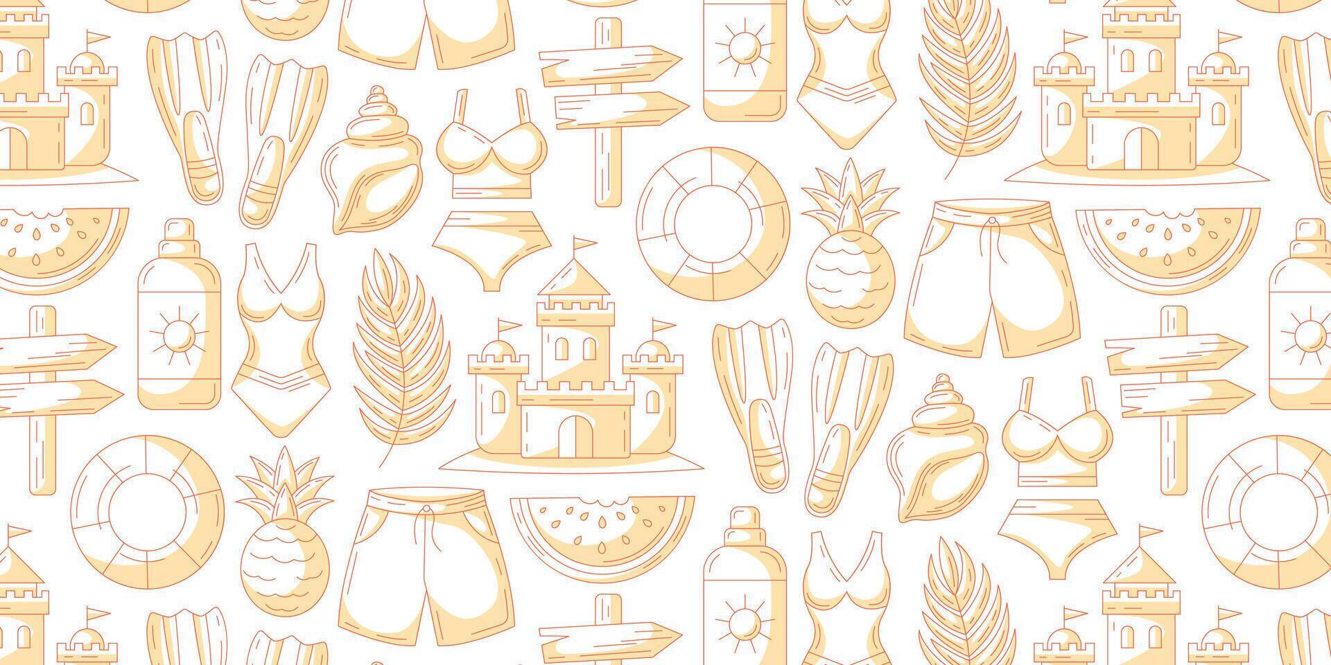 Minimalist monochrome orange summer seamless pattern, beach elements. Swimsuit, sand castle, pineapple and watermelon, sunscreen, seashell, flippers, lifebuoy. For cover, wrapping paper, textile print vector