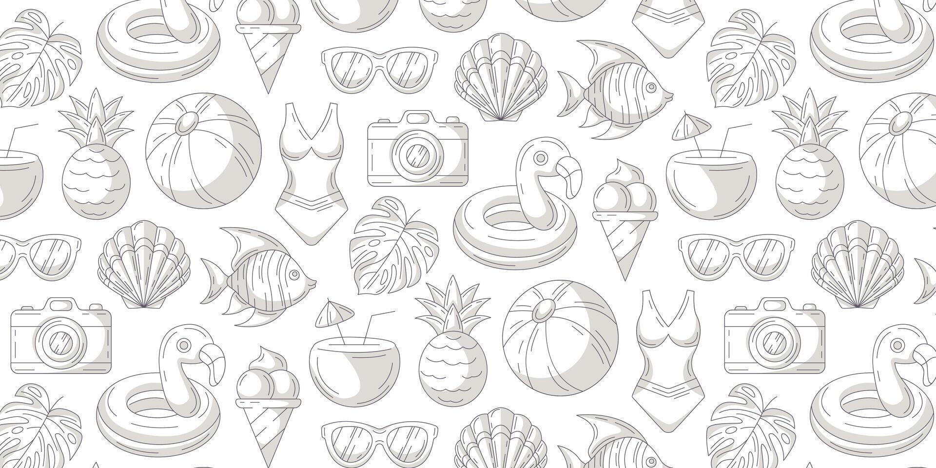 Monochrome seamless summer pattern with beach elements. Swimsuit, pineapple, tropical leaves, seashell, sunglasses, exotic fish, flamingo, coconut cocktail. For cover, wrapping paper, textile print vector