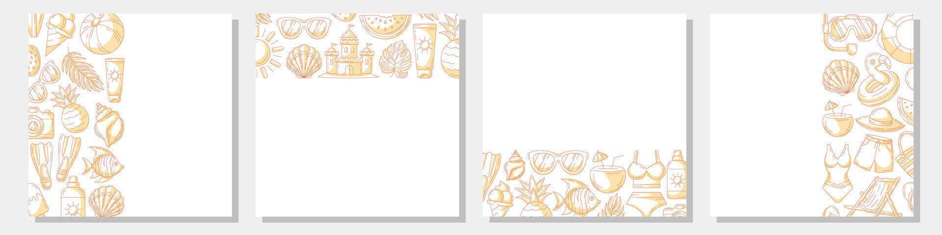 Set of summer minimalist square card, monochrome orange beach elements, accessories icons. Left, right side, upper, bottom border frame, copy space, isolated on white. For banner, invitation, poster vector