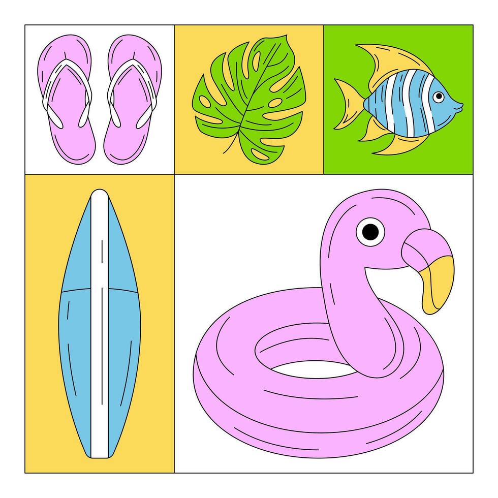 Geometric modern square card with simple minimalist summer beach colorful elements. Trendy background, geometry. Abstract layout for poster, flyer, cover, brochure, party, invitation, banner vector