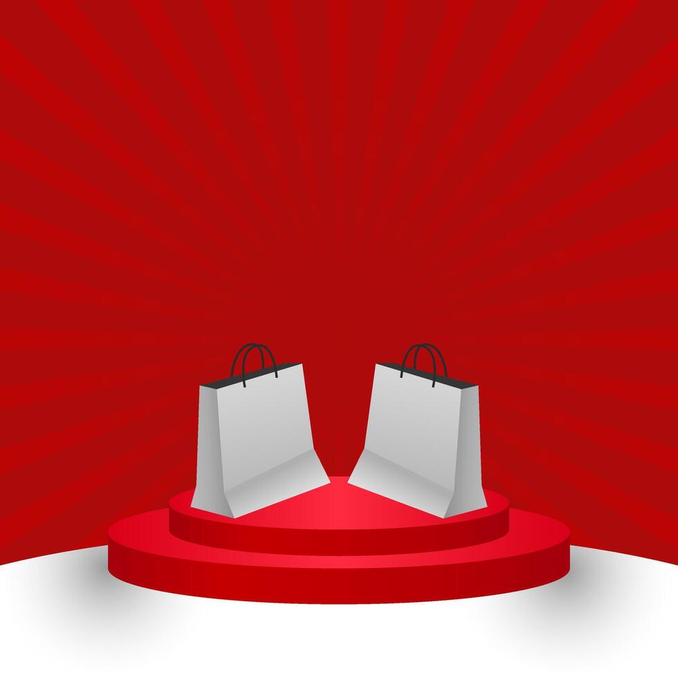 red and white podium sale template background with shopping bag vector