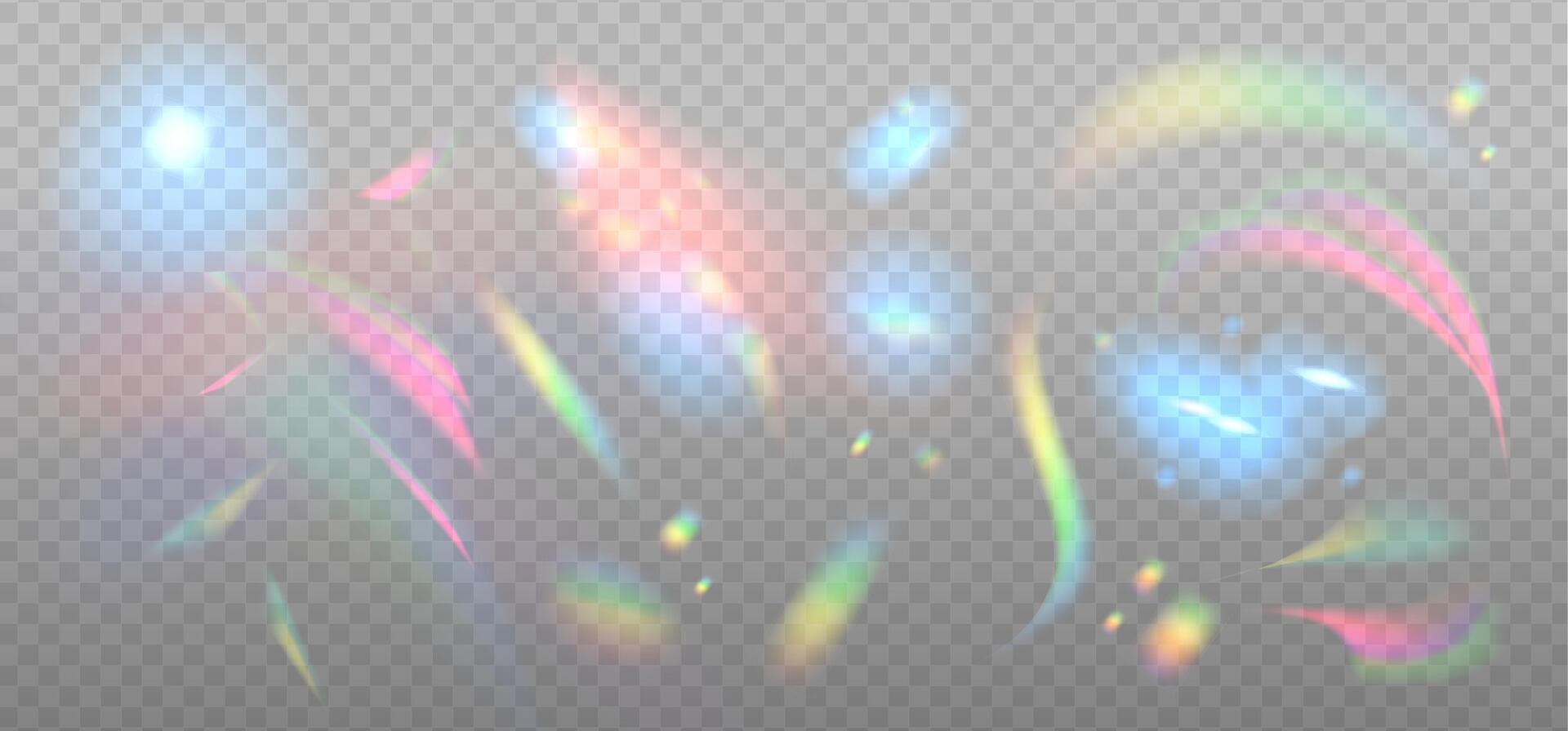Sparkle glare reflection elements set. Optical rainbow glare Magic glow. Overlay dispersion light rays. vector