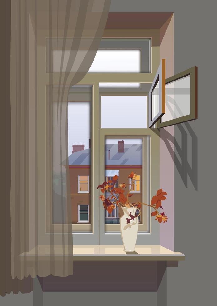 A vase of flowers on a windowsill overlooking the city. . vector