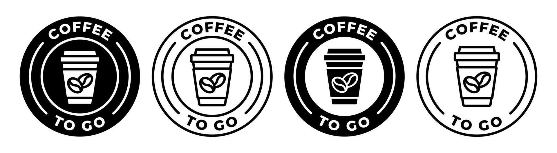 Coffee to go label. Take away coffee cup icon illustration. Disposable paper cup with beans emblem, badge, sign, symbol, stamp or seal. Hot drink circle logotype. vector
