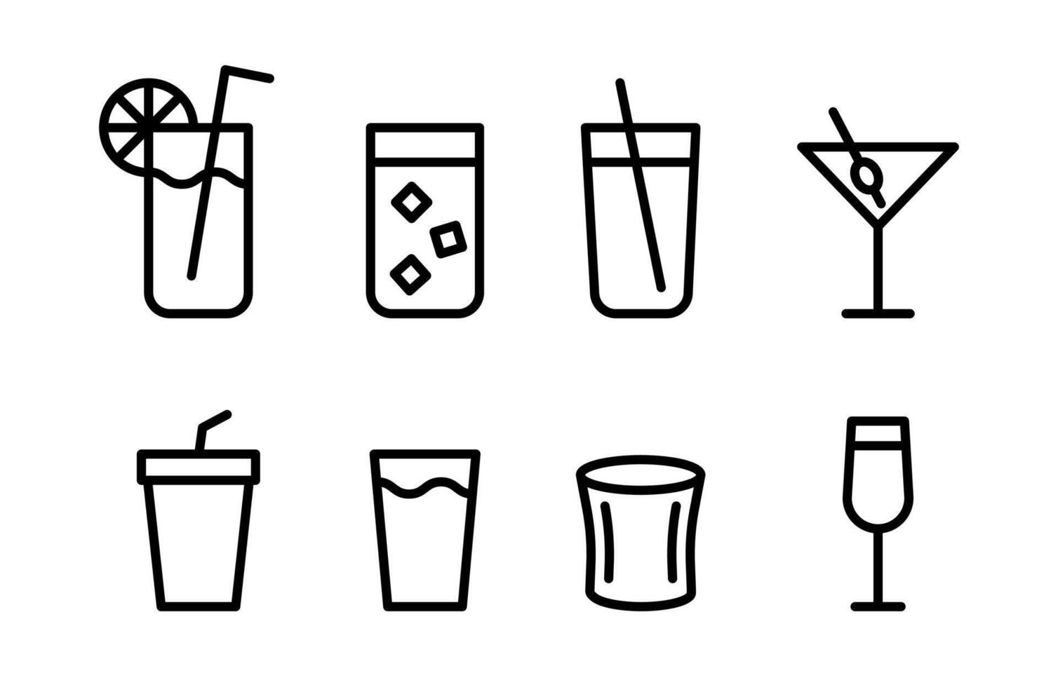 Drink cup icon set. Cocktail glass illustration collection. Alcohol beverage bar glasses symbols. vector