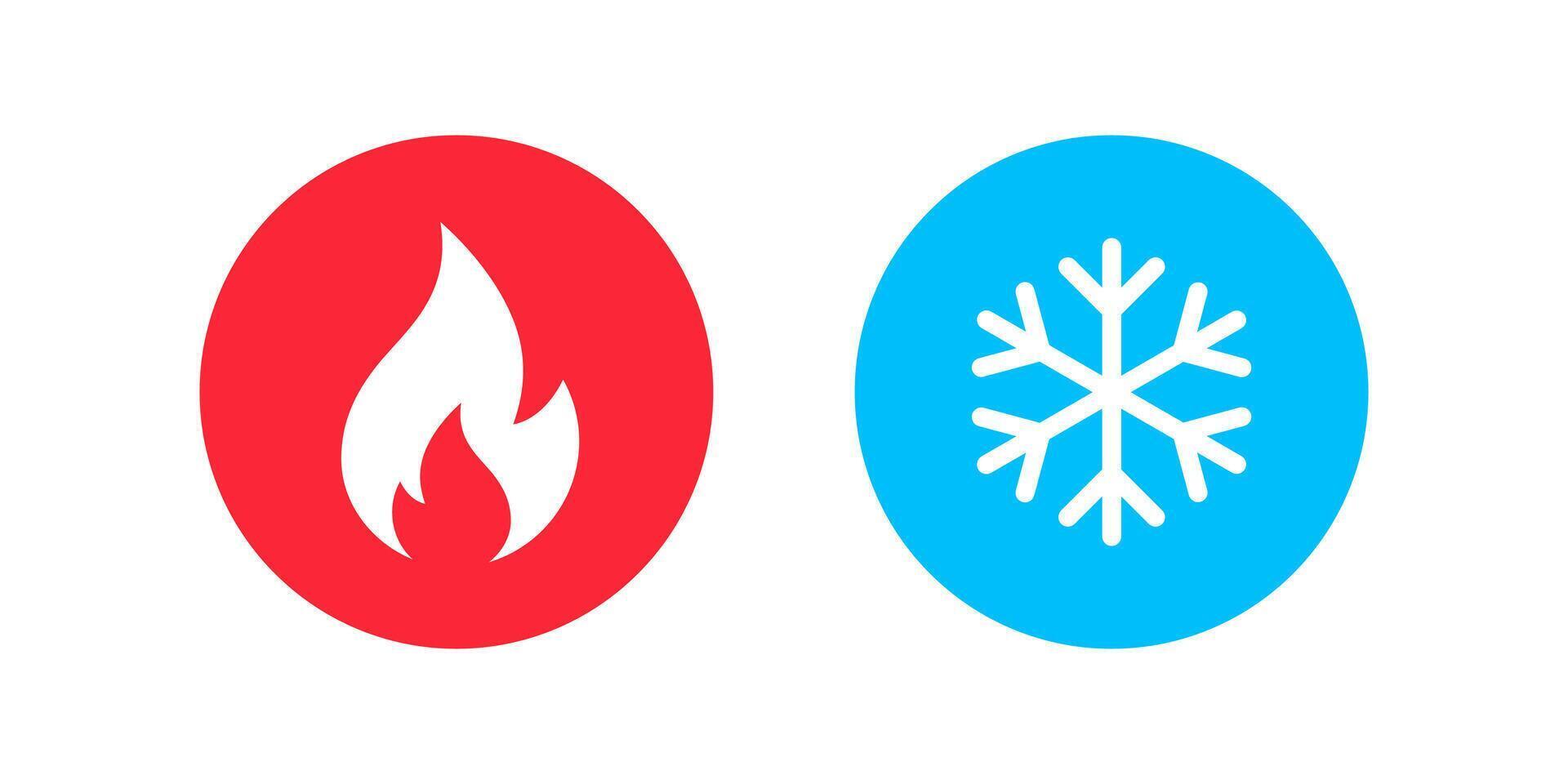 Hot and cold icon set. Heat and freeze illustration. Cool and warm temperature symbol. Red fire and blue snowflake sign. Climate control buttons. vector
