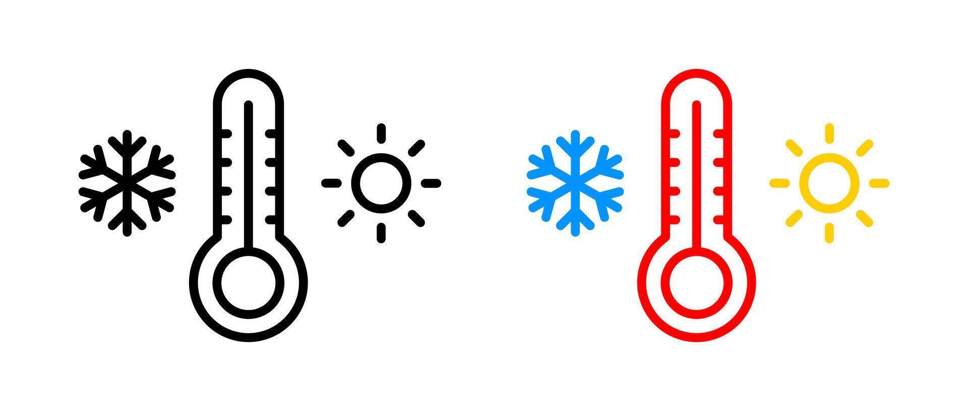 Hot and cold temperature icon. Thermometer with snowflake and sun illustration. Weather indicator. Climate symbol. Red and blue thermometer temperature measurement sign. vector