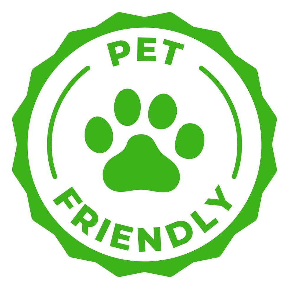 Pet friendly green label. Animal friendly icon illustration. Dogs and cats allowed green emblem badge, sign, symbol, stamp or seal. Animal paw circle logotype. vector