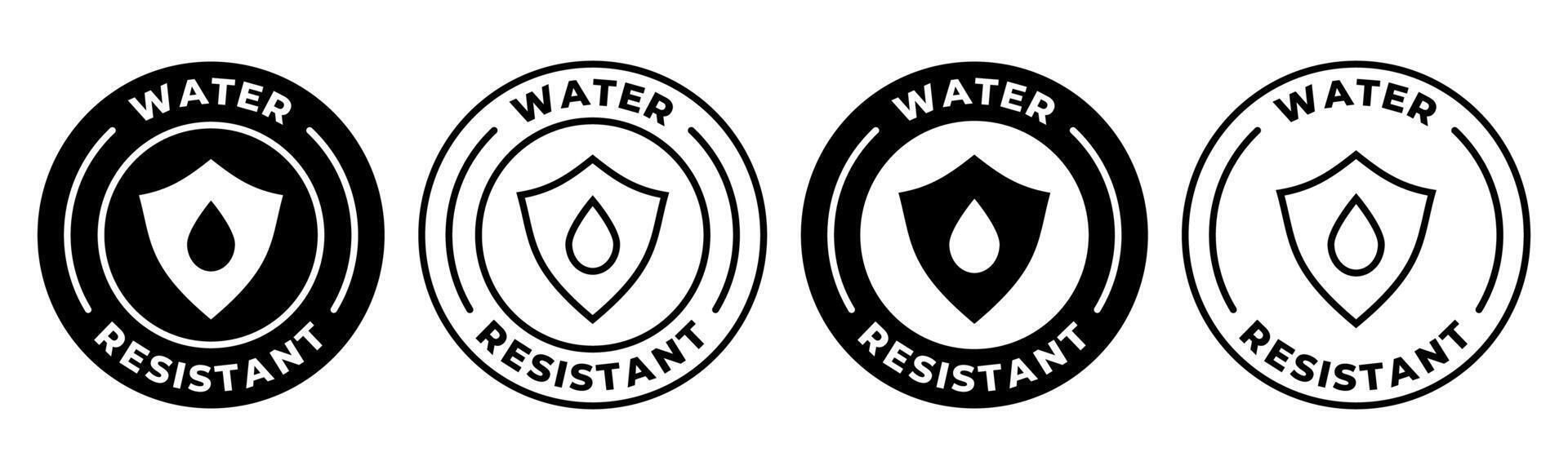 Water resistant label. Anti-water material icon. Rain protection illustration. Waterproof fabric emblem, badge, sign, symbol or stamp. Shield with water drop seal. Wet protection icon. vector