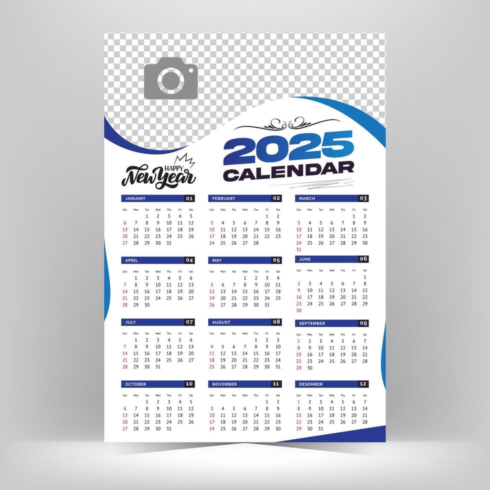 2025 wall calendar. Print-ready, modern template design for 2025 vector