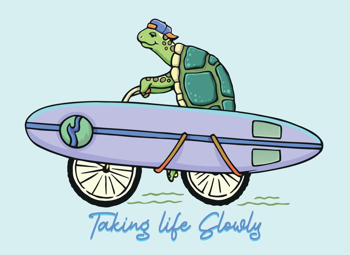 Cartoon style illustration of a turtle riding a bicycle with a surfboard. vector