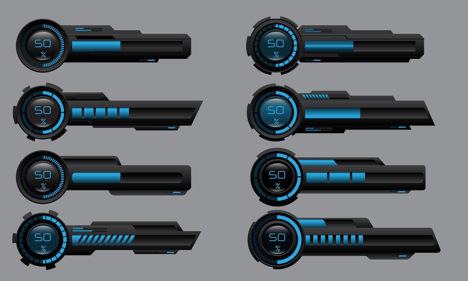 Set of HUD modern loading progress bars user interface elements design technology cyber blue black metallic futuristic vector