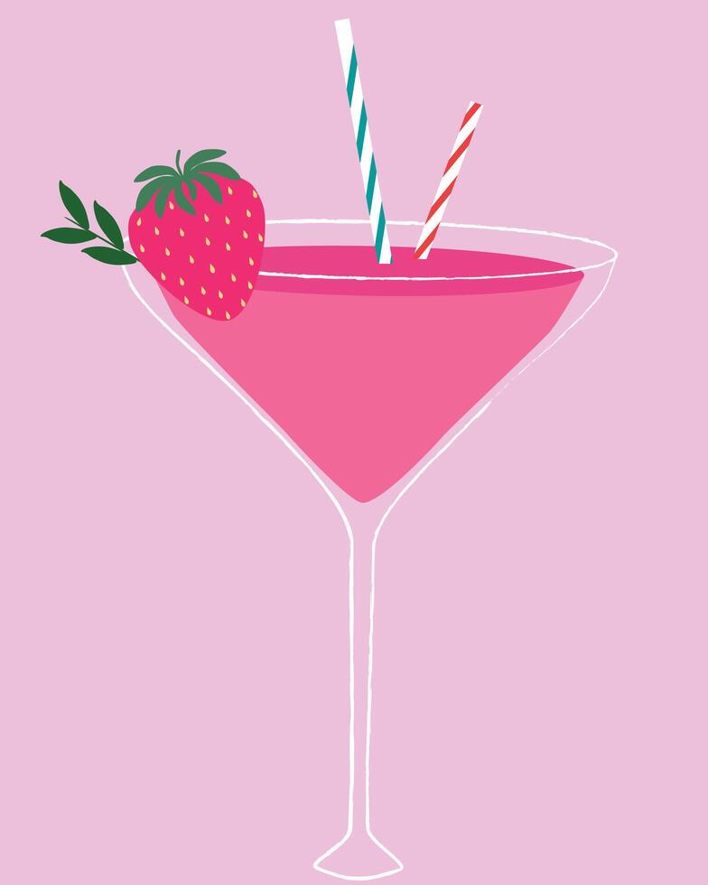 Clip art with pink cocktail in glass and strawberry vector