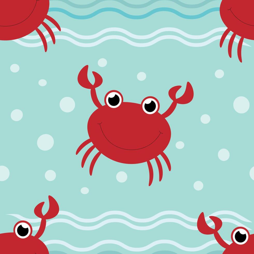 Seamless pattern with cute red crabs underwater in cartoon style. vector