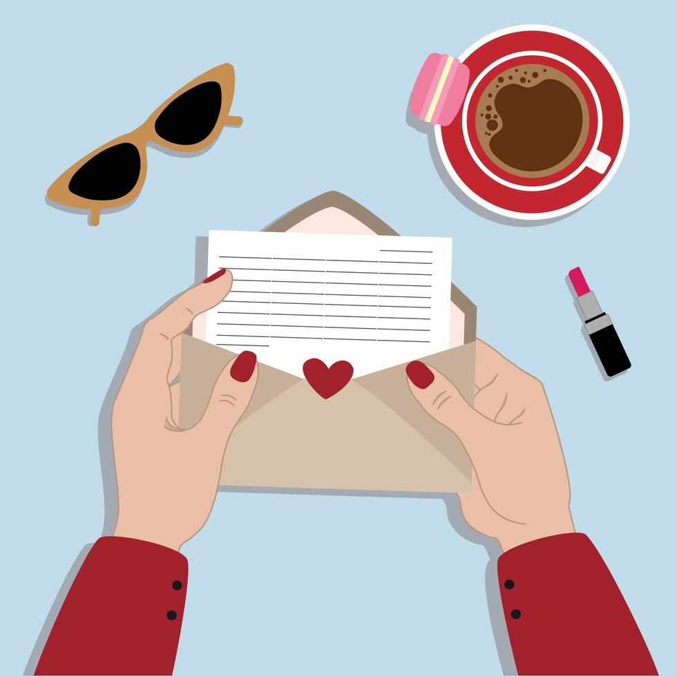 Clip art with woman hands holding envelope, coffee and sunglasses vector