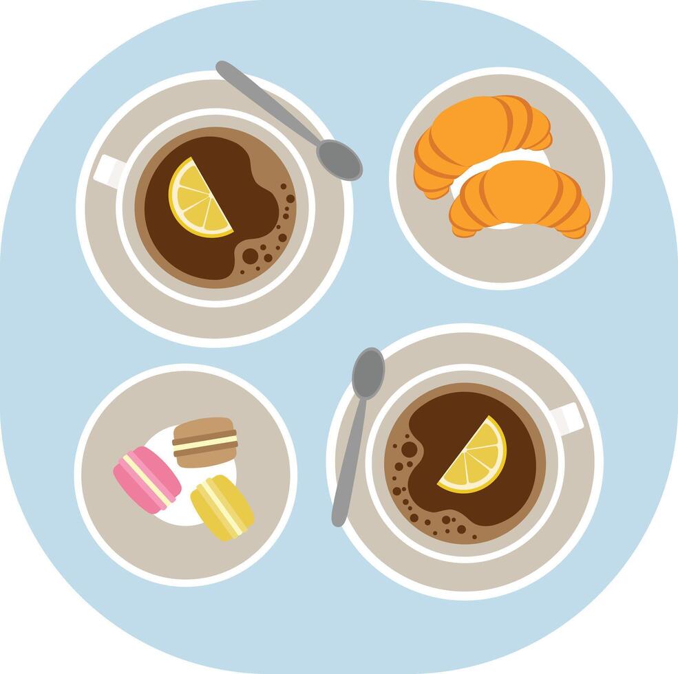 Clip art with tea cups, croissants, macaroons on the table. Breakfast in cafe clipart vector