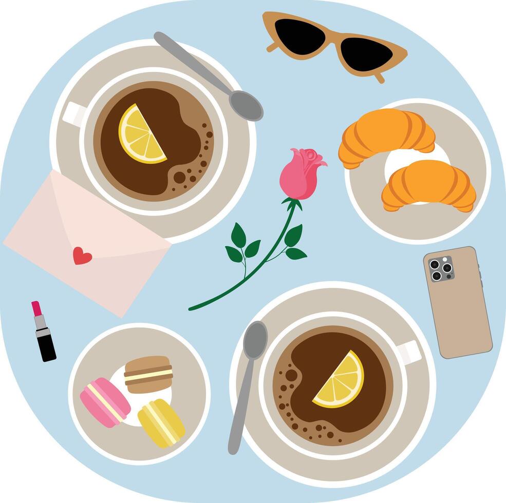 Clip art with tea cups, croissants, macaroons on the table. Breakfast in cafe clipart vector