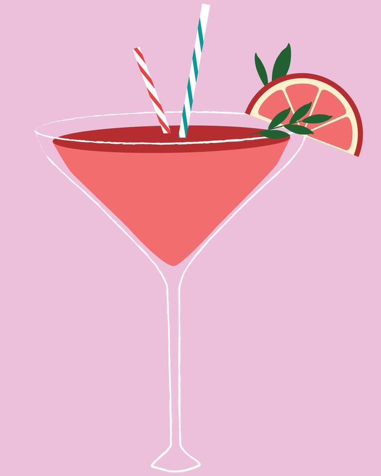 Clip art with pink cocktail in glass and grapefruit slice vector