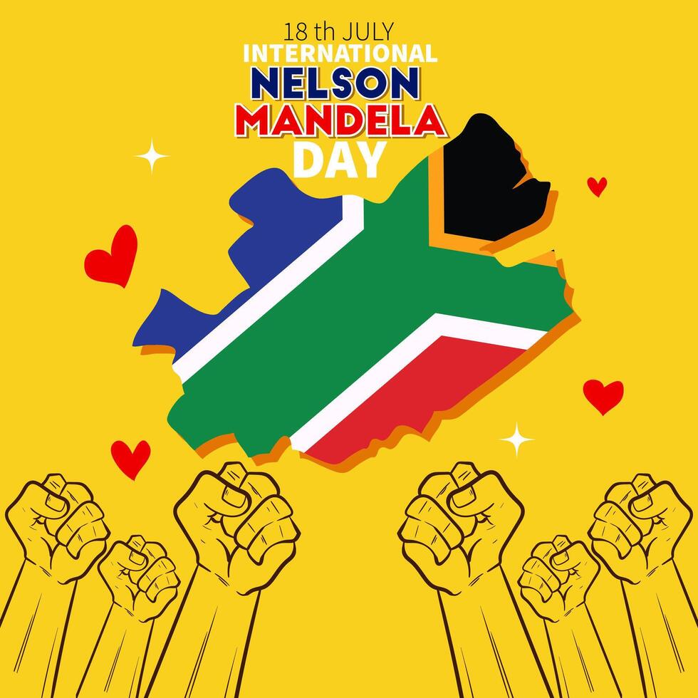 Banner Celebrate International Nelson Mandela Day July 18. Text design international Nelson Mandela Day on yellow background. South Africa flag concept art showing strength, unity and power vector