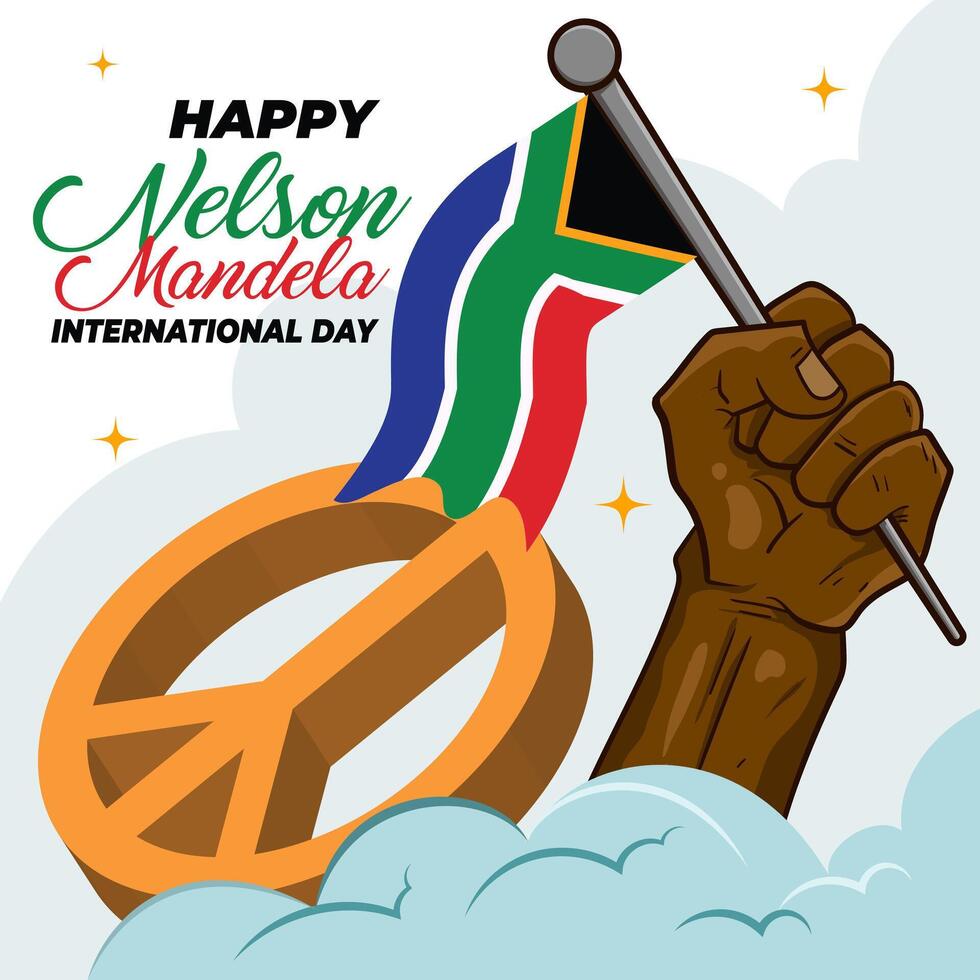 Banner Celebrate International Nelson Mandela Day July 18. Text design international Nelson Mandela Day on white background. South Africa flag concept art showing strength, unity and power vector