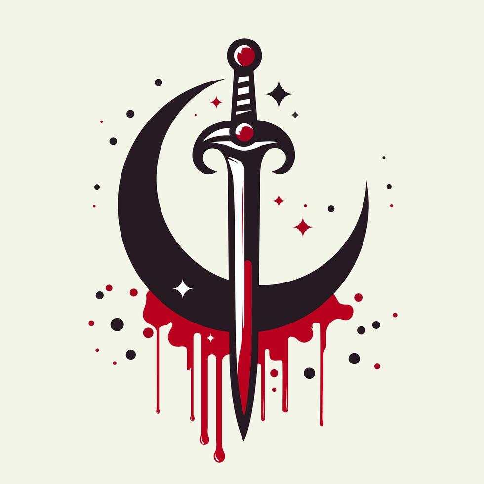 A Bloody Sword With Dark Crescent Moon Gleaming Adorned With Crimson Droplets Illustration vector