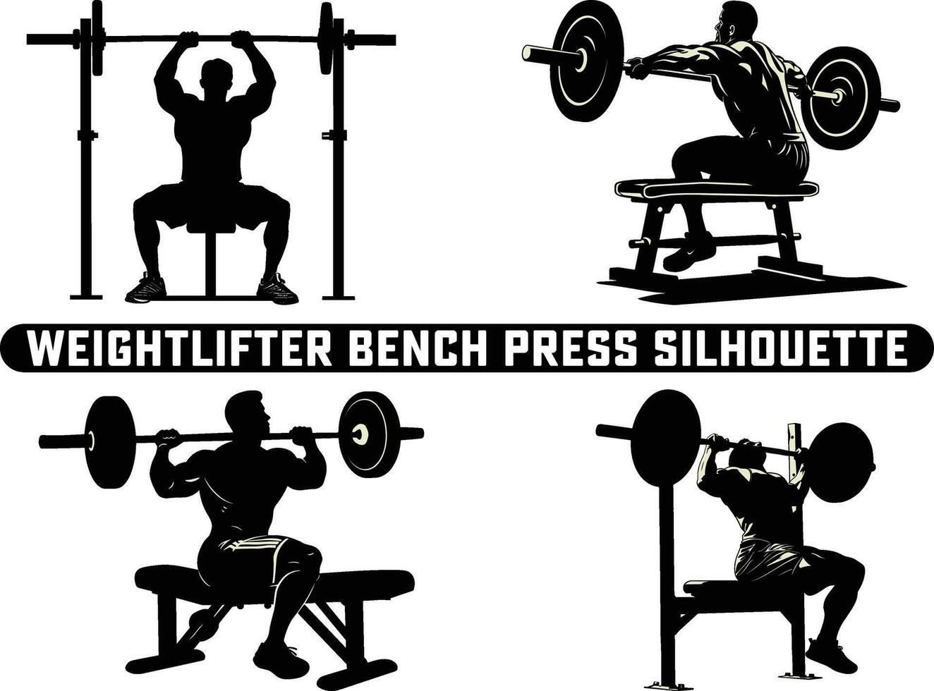 Weightlifter bench press silhouette. weight lifting muscle man or bodybuilder weightlifting weights in silhouette. Exercises in gym on fitness Bench Press Silhouette. Sportsman bodybuilder. vector