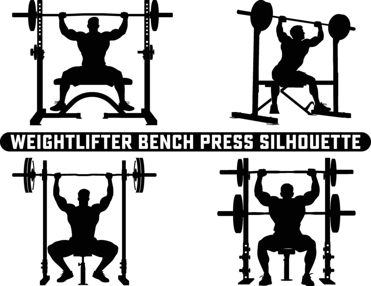 Weightlifter bench press silhouette. weight lifting muscle man or bodybuilder weightlifting weights in silhouette. Exercises in gym on fitness Bench Press Silhouette. Sportsman bodybuilder. vector