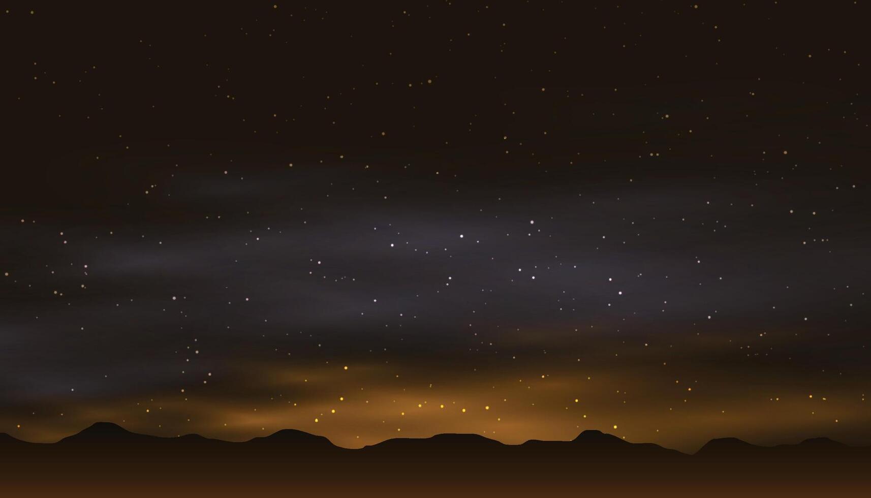 Starry night sky, mountains landscape, magic fields. Dark moon, backdrop with star galaxy, sparkle universe. Realistic clouds and glowing stars. Banner template. exact background vector