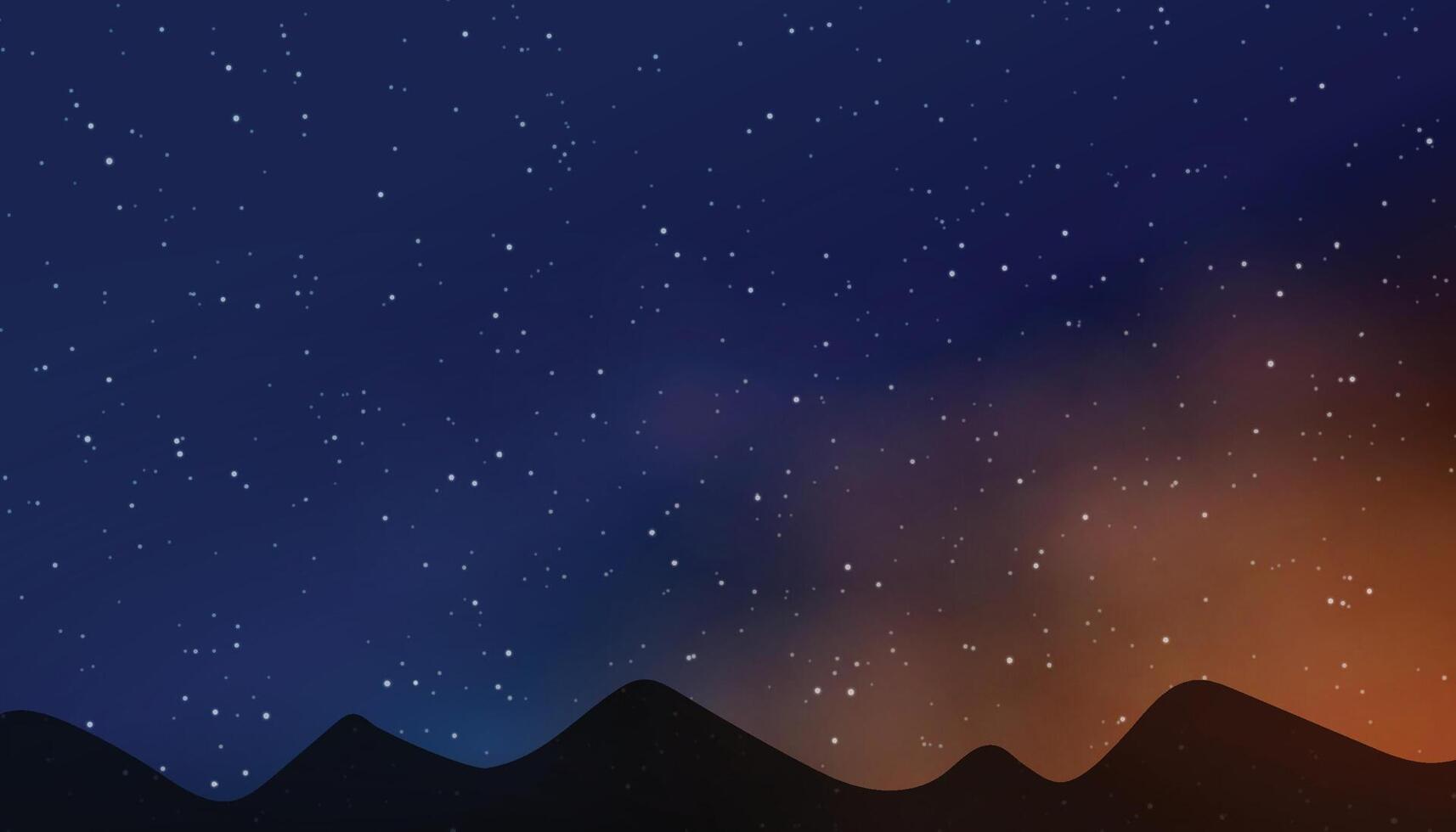 Starry night sky, mountains landscape, magic fields. Dark moon, backdrop with star galaxy, sparkle universe. Realistic clouds and glowing stars. Banner template. exact background vector