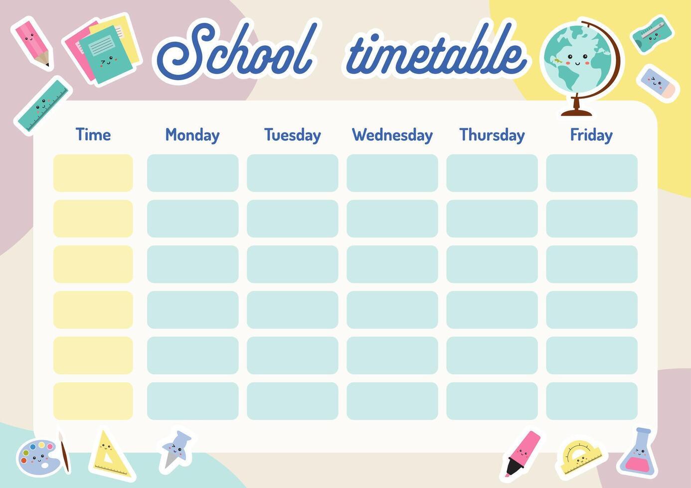 School timetable, weekly classes schedule for students or pupils. Illustration includes many education elements and school equipment. Schedule program, lesson plan for pupils. School children routine. vector