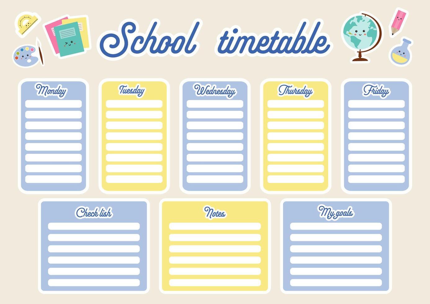 Education lessons plan. Template school timetable for students or pupils. Timetable for elementary school. Weekly planner template with cartoon school objects and symbols. Back to school planner. vector