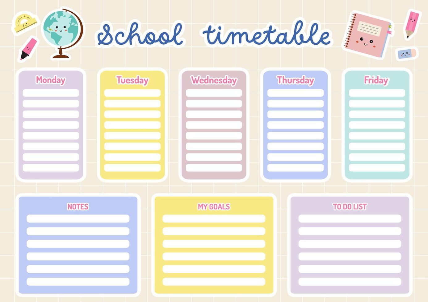 School timetable for kids, educational schedule, weekly planner, printable school schedule for children. School children routine timetable. Education, class, lessons plan. Back to school planner. vector
