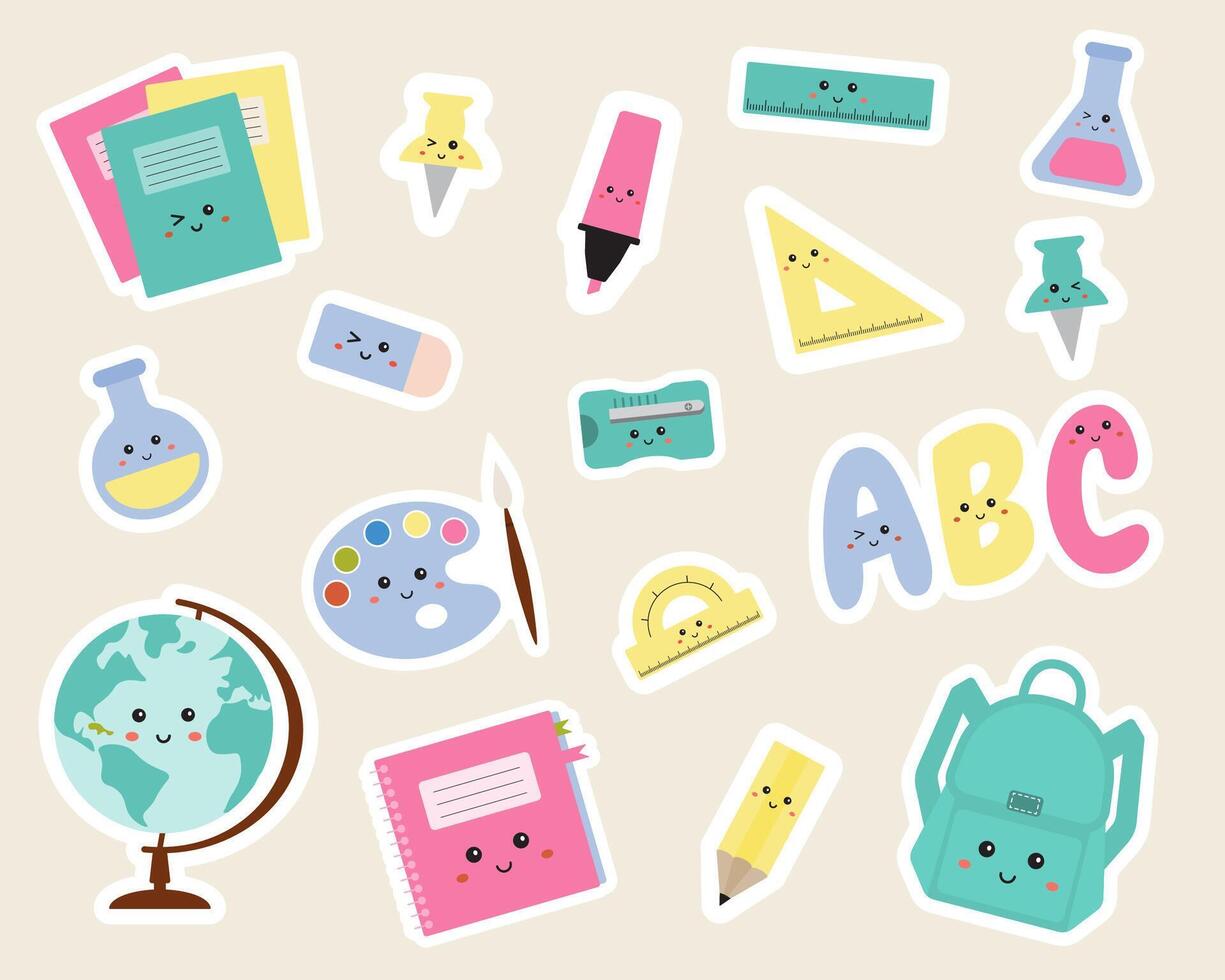 School sticker set with supplies, stationary. Clipart icons of school supplies, stationery tools. Back to school collection for pupils, students, school kids. Educational tools for study. vector
