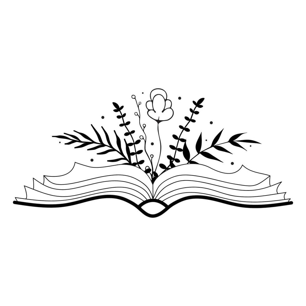 Opened book and wildflowers boho decorative composition black and white illustration. vector