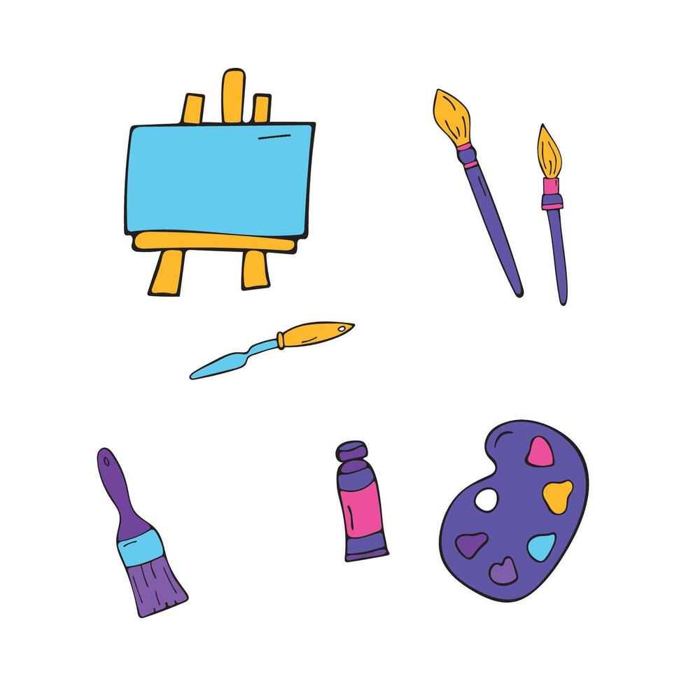 An artist's kit. Doodle illustration of palette, brushes, easel. vector