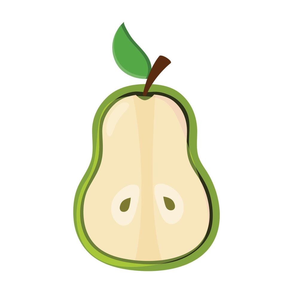 Green half pear with green leaf on white background. vector