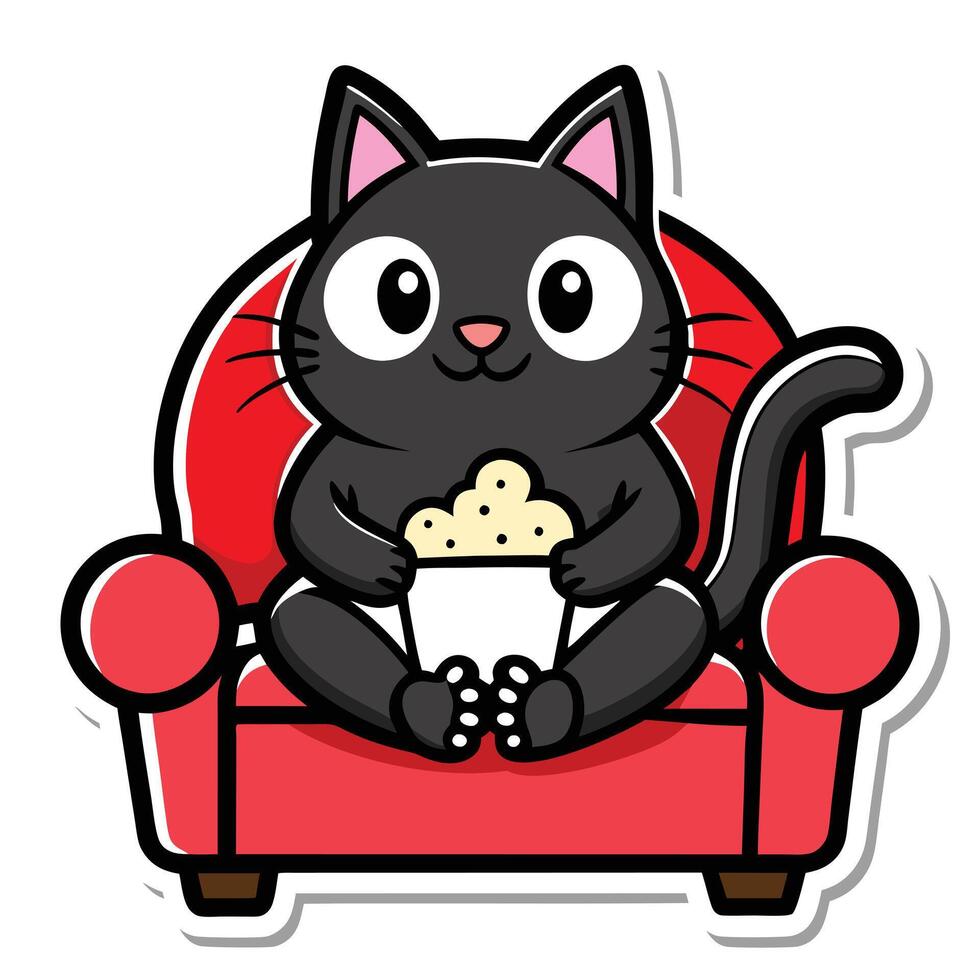 a cute cat sitting on a sofa holding a popcorn in solid background. vector